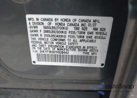 2007 Honda Pilot Ex-L z USA, uszkodzony, nr VIN 2HKYF18587H529443